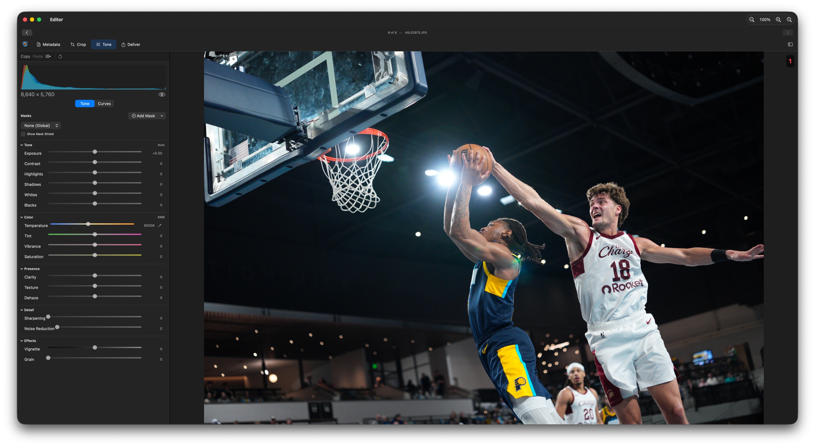 Tone module in the Deadline Editor with the selected image and full adjustment sliders.